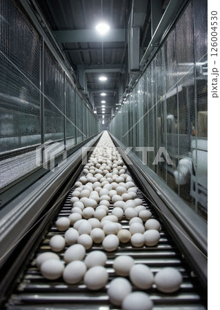 Automated egg production line in modern facility with conveyor belt and industrial lighting Automated egg production line in modern facility with conveyor belt and industrial lighting 126004530