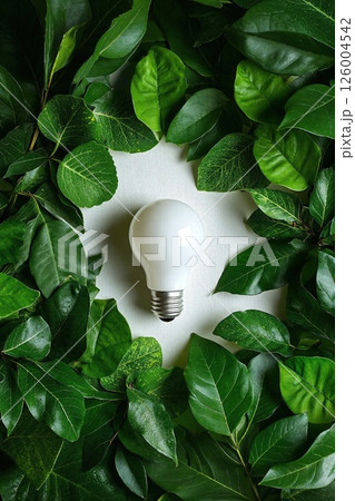 Eco-friendly innovation concept with light bulb surrounded by lush green leaves for sustainable design inspiration Eco-friendly innovation concept with light bulb surrounded by lush green leaves for sustainable design inspiration 126004542