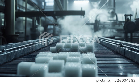 Industrial sugar cube production line in a modern factory with atmospheric steam effects in soft blue tones 126004585