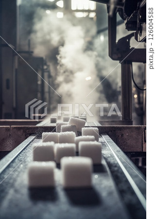 Industrial sugar processing in factory setting with steaming conveyor belt 126004588