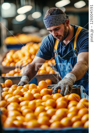 Industrious worker sorting vibrant oranges in warehouse for fresh produce market distribution 126004591