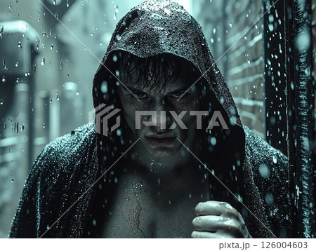 Mysterious hooded figure in rainy urban alley at night - cinematic and dramatic mood for graphic design or film projects 126004603
