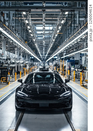 Sleek black sports car in modern automotive factory production line showcasing innovation and precision engineering Sleek black sports car in modern automotive factory production line showcasing innovation and precision engineering 126004614