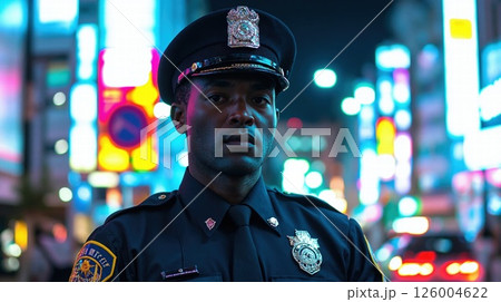 Urban night patrol in vibrant cityscape capturing modern safety and community presence 126004622