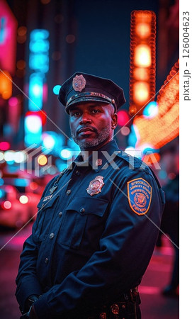 Urban night patrol: police officer in vibrant city neon lights scene 126004623