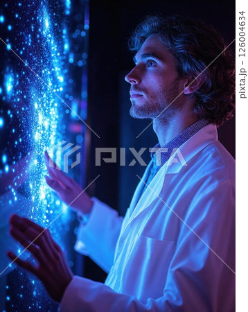 Futuristic science exploration: scientist interacts with virtual starry universe interface in blue hues 126004634