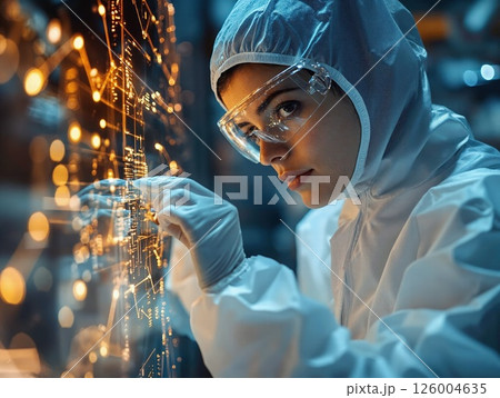 Futuristic technology visualization: scientist in protective gear analyzing digital circuit board in high-tech laboratory 126004635