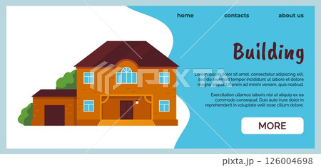 Home exterior. Realtor agency landing page. Real estate website design template. Residential building construction. Residence rent. Rental mansion. Mortgage debt. Vector background 126004698