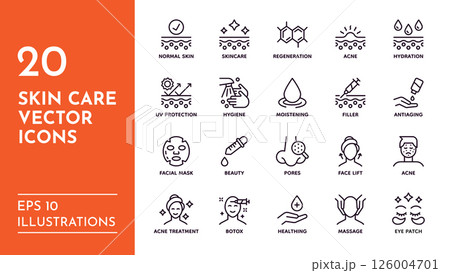 Skin care icons. Face beauty cosmetic. Skincare makeup with UV sunscreen protection. Water health glow. SPF moisture cream. Acne treatment. Lifting procedure. Vector line pictograms set Skin care icons. Face beauty cosmetic. Skincare makeup with UV sunscreen protection. Water health glow. SPF moisture cream. Acne treatment. Lifting procedure. Vector line pictograms set 126004701