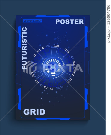 Techno cyberpunk poster. Digital viewfinder. Space HUD frame. Game aiming. Astronaut spaceship. Universe infinity. Shuttle shooting. Spacecraft flight. Cosmos discovery. Vector Sci-Fi card 126004706