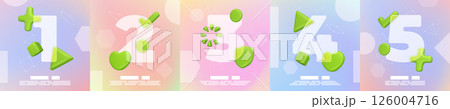 3d infographic icons. Math number and plus symbols. Glassmorphism sphere for eco slide. Gradient loading mockup. Render morphism shapes. Matte texture numeral signs. Vector banners set 126004716