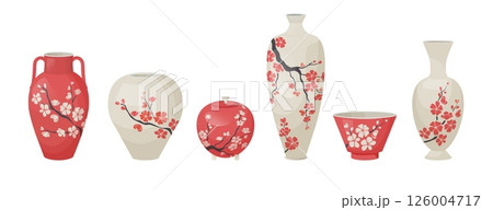 3d vase. White Japanese ceramic with traditional floral decoration. Chinese sakura art. Porcelain bowl. China style ornament. Japan branch with flowers. Botanical design pots vector set 3d vase. White Japanese ceramic with traditional floral decoration. Chinese sakura art. Porcelain bowl. China style ornament. Japan branch with flowers. Botanical design pots vector set 126004717