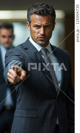 Confident businessman pointing in modern office setting wearing elegant suit and tie Confident businessman pointing in modern office setting wearing elegant suit and tie 126004730