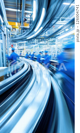 Dynamic motion in modern industrial factory with focus on high-speed production and efficiency Dynamic motion in modern industrial factory with focus on high-speed production and efficiency 126004741