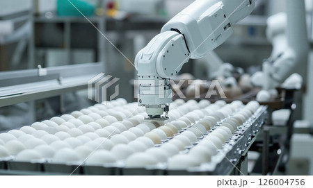 Futuristic industrial automation: robotic arm sorting eggs in modern food production facility 126004756