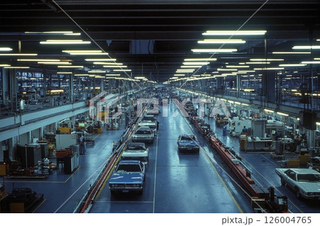 Industrial automotive assembly line in a modern factory with robots and vehicles under bright lighting 126004765