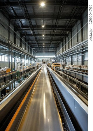 Industrial factory interior with symmetrical railroad track for manufacturing and production efficiency 126004769