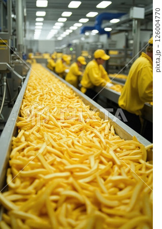 Industrial french fry production line in food manufacturing facility with workers 126004770
