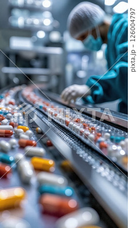 Pharmaceutical production line focus on capsule manufacturing and quality control in medical facility 126004797