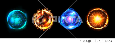 Fire ball. Magic light energy effect. Flame game orb or power fireball. Thunder glow. Round crystal sphere. Electric lightning blast sparkle. Vector 3D blazing plasma isolated shapes set 126004823