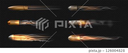 Bullet effect. Flying speed fire. 3D silver projectile trail or pistole shotgun. Gun smoke and gunpowder combustion trace. Ballistic trajectory flight motion. Vector rifle hits set 126004828