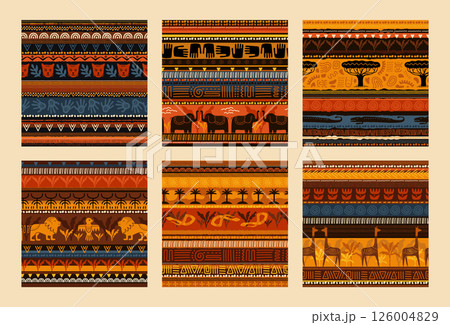 Ethnic seamless pattern. Abstract nature, animals and geometric painting. Primitive Indian ethno textile. Tribal art print. Indigenous ornaments. Vector African style backgrounds set Ethnic seamless pattern. Abstract nature, animals and geometric painting. Primitive Indian ethno textile. Tribal art print. Indigenous ornaments. Vector African style backgrounds set 126004829