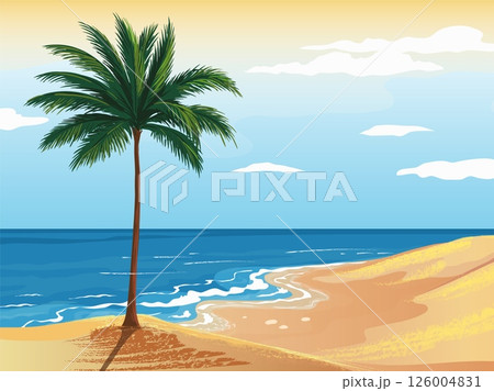 Palm beach. Seaside nature landscape. Ocean water waves. Seashore sand. Wild tropical island. Marine resort scenery. Summer travel vacation. Scenic horizon. Vector seascape background Palm beach. Seaside nature landscape. Ocean water waves. Seashore sand. Wild tropical island. Marine resort scenery. Summer travel vacation. Scenic horizon. Vector seascape background 126004831