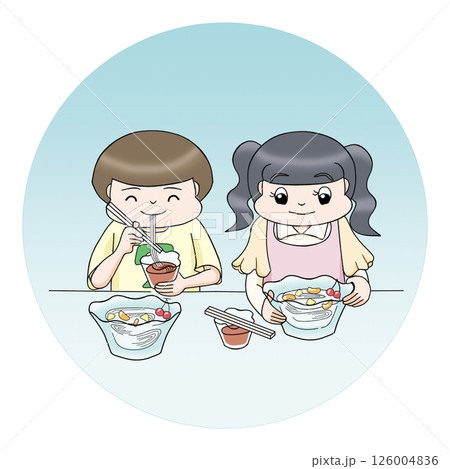 そうめんを食べる男の子と女の子 そうめんを食べる男の子と女の子 126004836