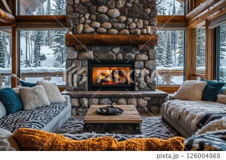 Cozy winter cabin interior featuring rustically designed stone fireplace and panoramic snowy forest views for relaxation concepts Cozy winter cabin interior featuring rustically designed stone fireplace and panoramic snowy forest views for relaxation concepts 126004868
