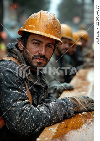 Determined construction workers in rainy urban setting - teamwork and resilience in adverse conditions 126004877
