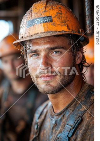 Grit and determination: portrait of a rugged construction worker in a hard hat displaying strength and resilience 126004906