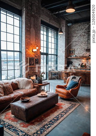 Industrial loft living room with rustic charm and large windows for urban home decor inspiration Industrial loft living room with rustic charm and large windows for urban home decor inspiration 126004920
