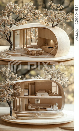 Modern miniature architecture design with cherry blossoms for zen-inspired spaces and interior innovation Modern miniature architecture design with cherry blossoms for zen-inspired spaces and interior innovation 126004934