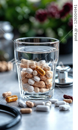 Pharmaceutical innovation concept: glass of mixed pills with medical background for healthcare design 126004941