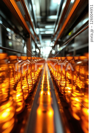 Vibrant glass bottle production line with warm lighting in modern factory environment for industrial innovation Vibrant glass bottle production line with warm lighting in modern factory environment for industrial innovation 126004951