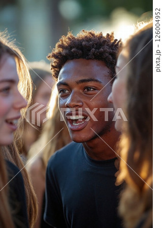 Vibrant social gathering of teens in sunlit outdoor setting 126004952