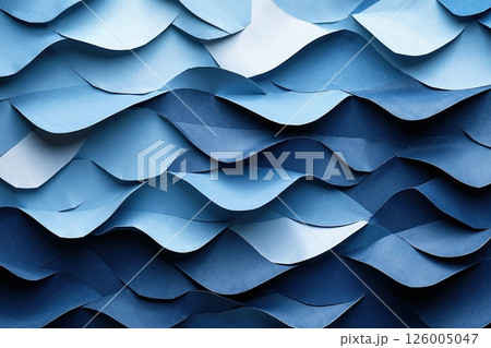 Abstract ocean waves pattern in blue layered paper design for modern wall art or background decoration 126005047