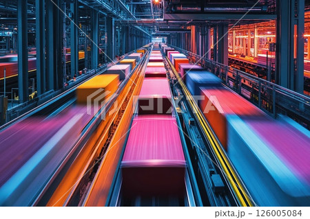 Futuristic warehouse automation with colorful conveyor systems for efficient logistics solutions 126005084