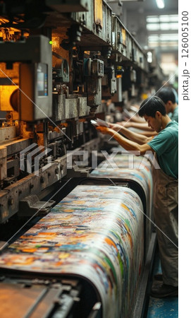 Industrial printing press in action: colorful newspaper production line for modern manufacturing insights 126005100