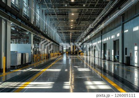 Industrial warehouse with polished floors and strategic lighting for efficient operations and storage management Industrial warehouse with polished floors and strategic lighting for efficient operations and storage management 126005111