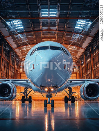 Majestic aircraft in industrial hangar illuminated by dramatic lighting for aviation design and travel inspiration 126005118