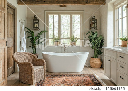 Tranquil rustic bathroom retreat with natural light and cozy charm for relaxation 126005126