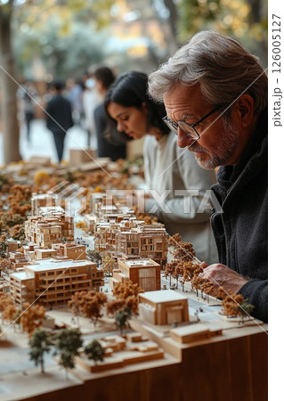 Urban development vision: architects analyzing detailed cityscape model for future planning 126005127
