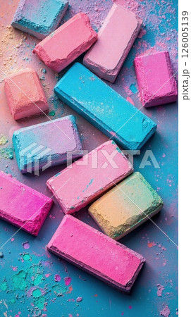 Vibrant pastel chalks on textured blue background for creative projects and art inspiration 126005139