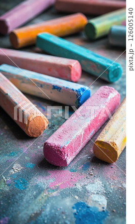 Vibrant pastel chalks on textured surface - creative artistic tools for bold designs and colorful art projects Vibrant pastel chalks on textured surface - creative artistic tools for bold designs and colorful art projects 126005140