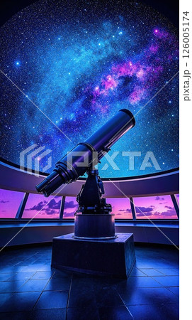 Celestial observation in modern observatory featuring a telescope under stunning starry sky and galactic view 126005174