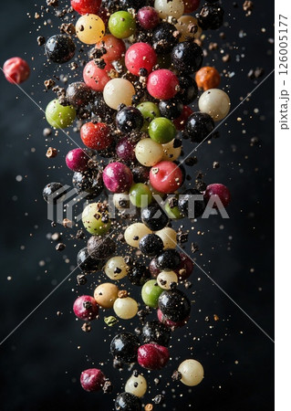 Colorful explosion of fresh berries in motion against dark background - culinary art concept for modern design 126005177