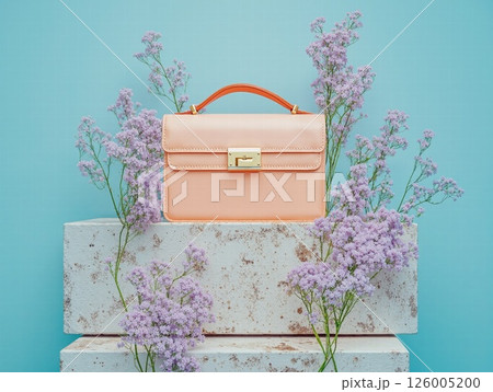 Elegant pastel handbag display with lavender accents on modern stone blocks 126005200