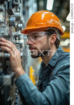 Industrial engineer in hard hat operating control panel in modern facility for safety and precision engineering projects Industrial engineer in hard hat operating control panel in modern facility for safety and precision engineering projects 126005210