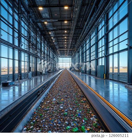 Industrial recycling facility interior with glass walls and natural light for environmental sustainability design Industrial recycling facility interior with glass walls and natural light for environmental sustainability design 126005211